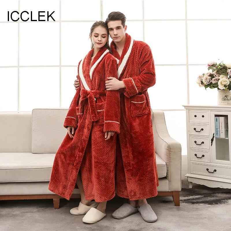 

[1806 upgrade]Autumn and winter color contrast pineapple couple Nightgown men's fashion thickened large flannel bathrobe