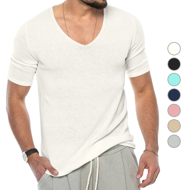 

European And American Foreign Trade Men's Clothing Summer V-neck New Short Sleeved Cloud Spun Solid Color Slim Fit Large