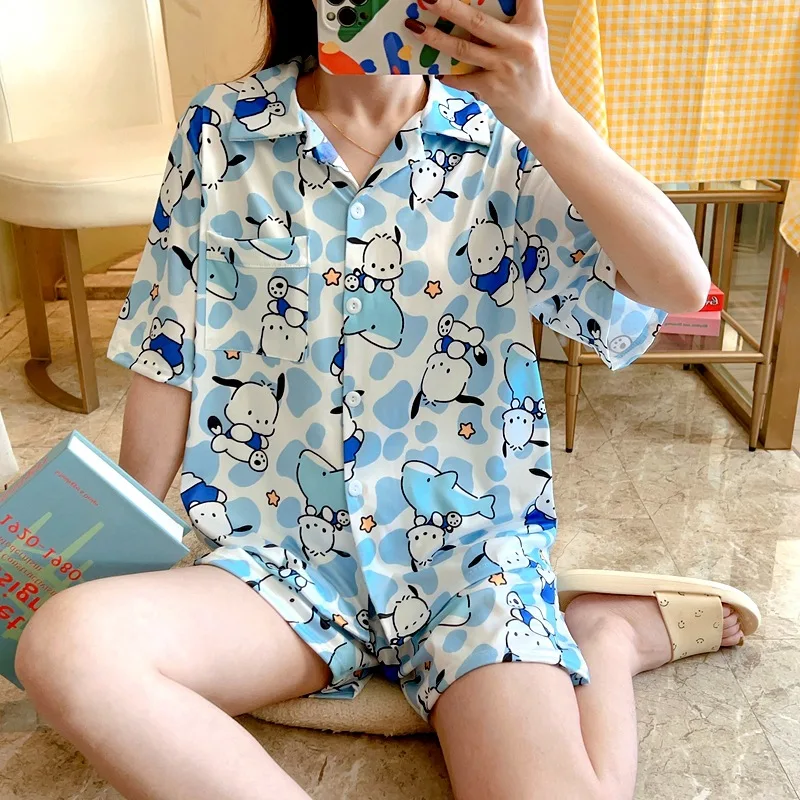 

Cartoon Sanrio Pochacco Loose Leisure Pajamas Summer Cotton Short-Sleeved Shorts Sets Kawaii Anime Girl Comfortable Home Clothes