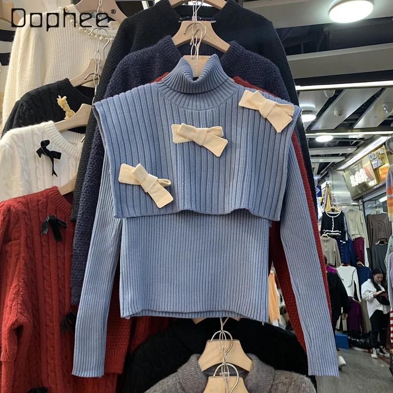 

2021 Fall New Woman Blue Color Bow Turtleneck Sweater Women's Winter Slim Fit Two-Piece Suit with A Shawl Knitwear Outerwear