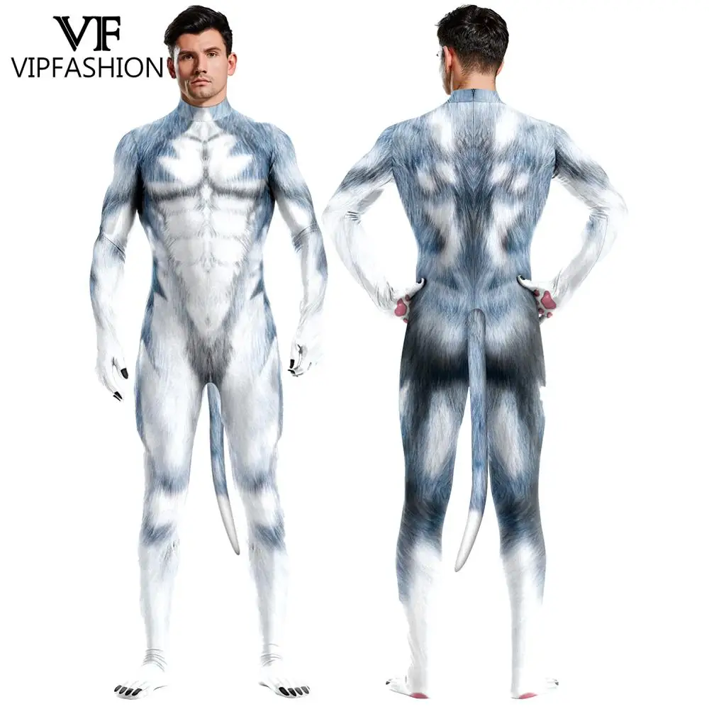 VIP FASHION Creative Snow Wolf Animal Huskies Catsuit Adult Unisex Cosplay Costume with Tail Zentai Full Bodysuits Jumpsuits