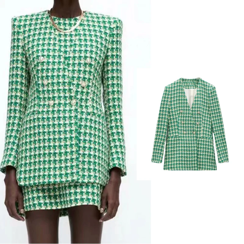 

Za WomenTweed Plaid Double Breasted Blazer Office Lady Coat Vintage Long Sleeve Flap Pockets Female Outerwear Chic Veste