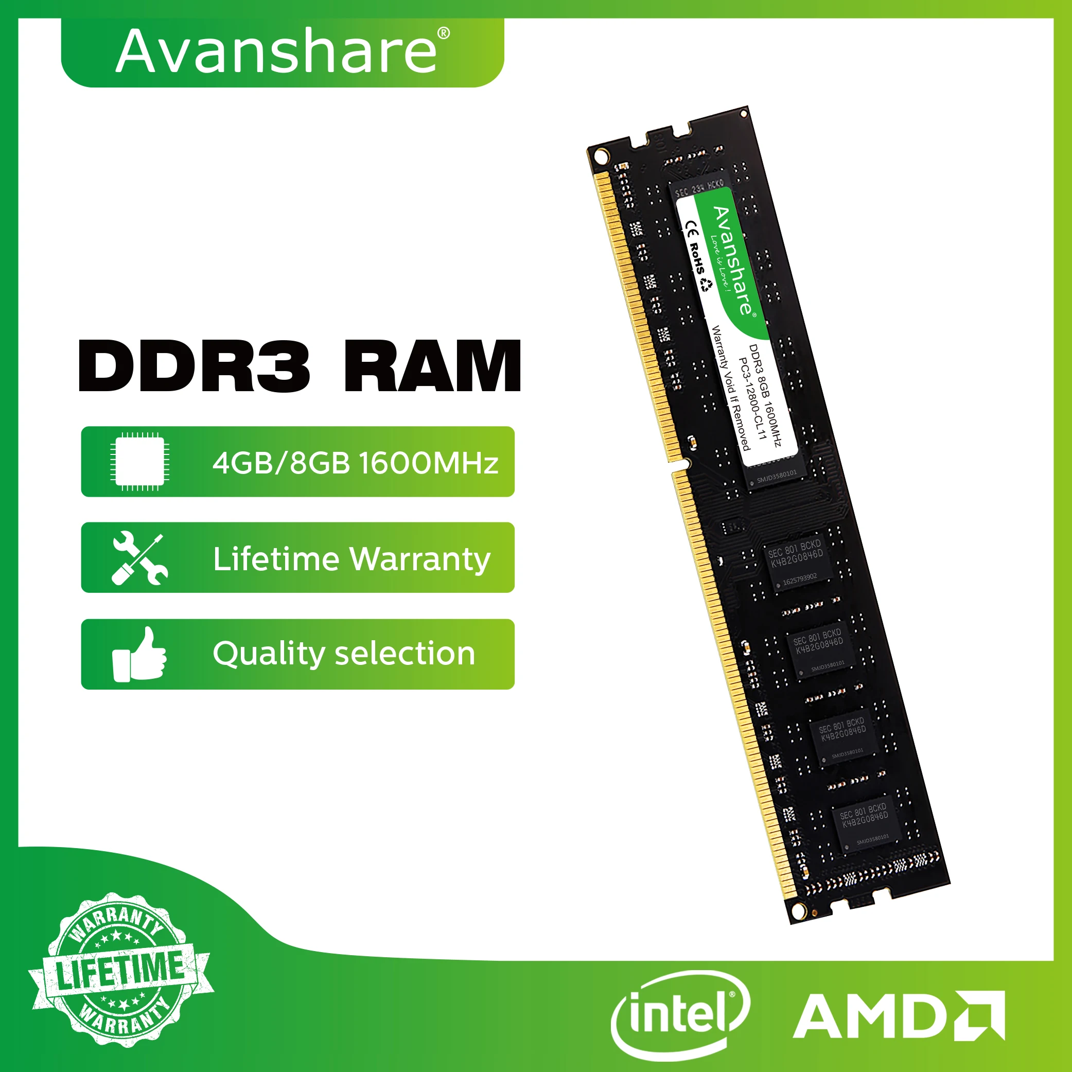 

ОЗУ Avanshare DDR3 8 ГБ, 4 Гб, 2 Гб, 1333 МГц, 1600 МГц