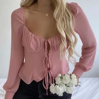 sweet 2021 tees women sexy long sleeve pullover korean lady solid elegant square collar t shirts pink lace up tops streetwear