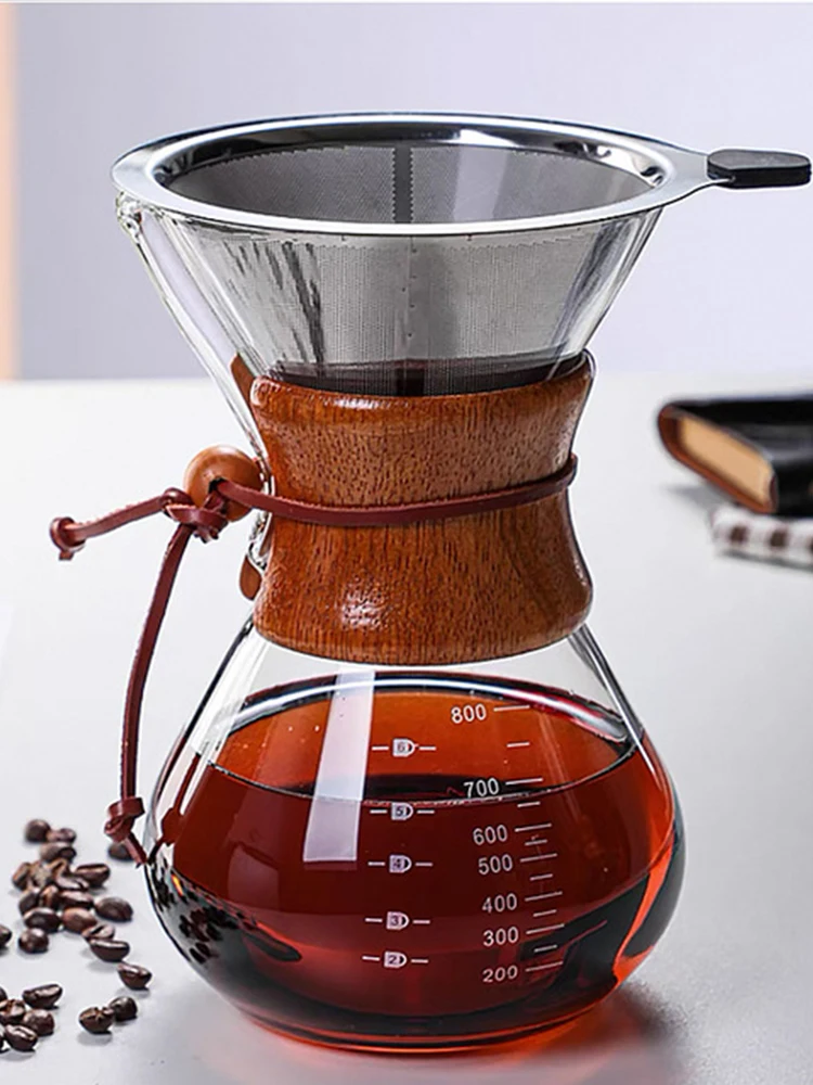 

800ml Resistant Glass Coffee Maker Coffee Pot Espresso Coffe Machine with Stainless Steel Filter Pot Wooden Handle Coffee Kettle