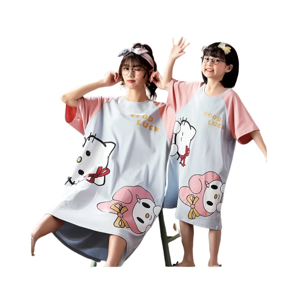 

Sanrios hellokittys Cinnamoroll Parenting pajamas summer girl pure cotton Short sleeve Plus size Pajama skirt leisure wear Gifts