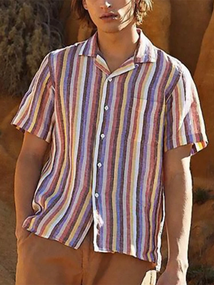 

Summer Short Sleeve Button-up Cardigan Tops Mens Vintage Striped Print Shirts Casual Men Turn-down Collar Shirt Fashion Clothes