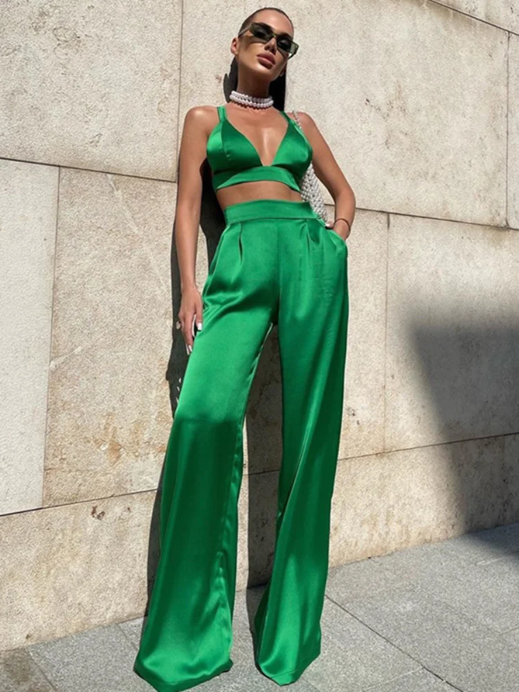 

Sexy Silky Satin Camis Crop Top and Pants 2 Piece Sets Women 2022 Fashion High Waist Pants Matching Sets Outfits Streetwear