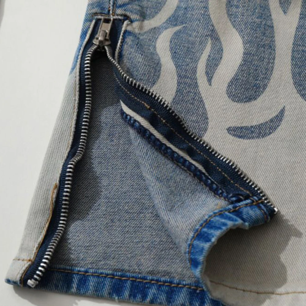 Men Street Hiphop Y2K Hole Flame Jeans Graffiti Printed Letter Retro Ripped Casual Trousers Streetwear Harajuku High Street