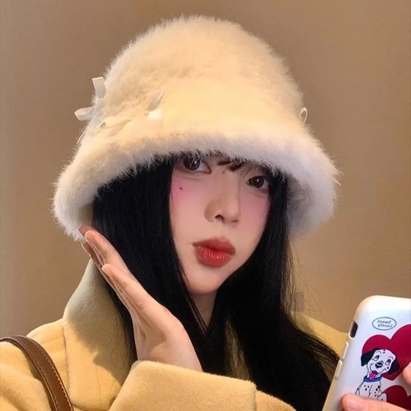 Милые популярные шляпы-ведра из искусственного меха с бантом для девочек женские