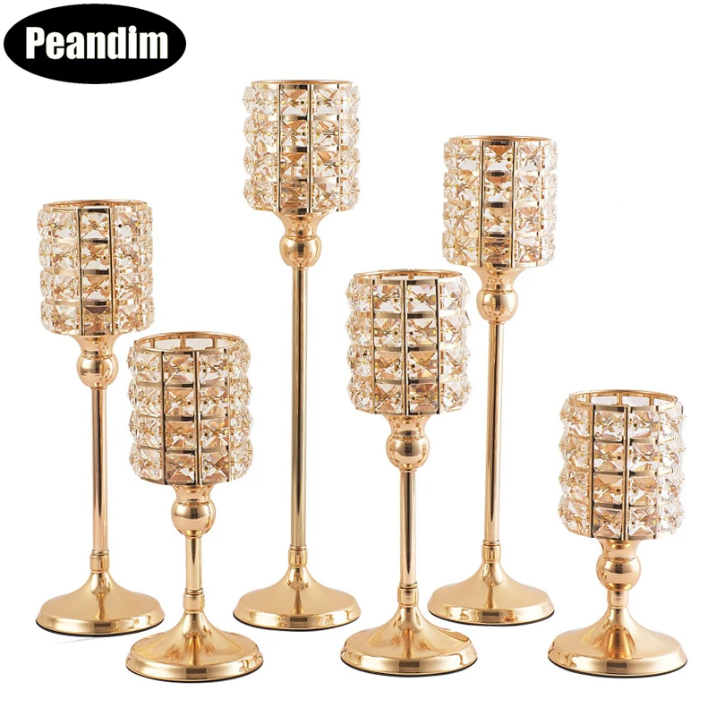 PEANDIM Shiny Crystal Candle Lantern Gold Candle Votives Silver Candelabra Candlestick For Home Christmas Wedding Decor Gifts