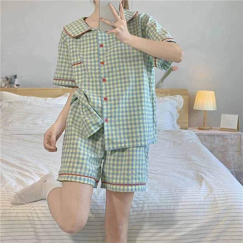 Yasuk Spring Summer Fashion Women's Casual Lovely Red Plaid Sleepwear Cute Kawai Retro Pajamas With Shorts Pants Green Soft