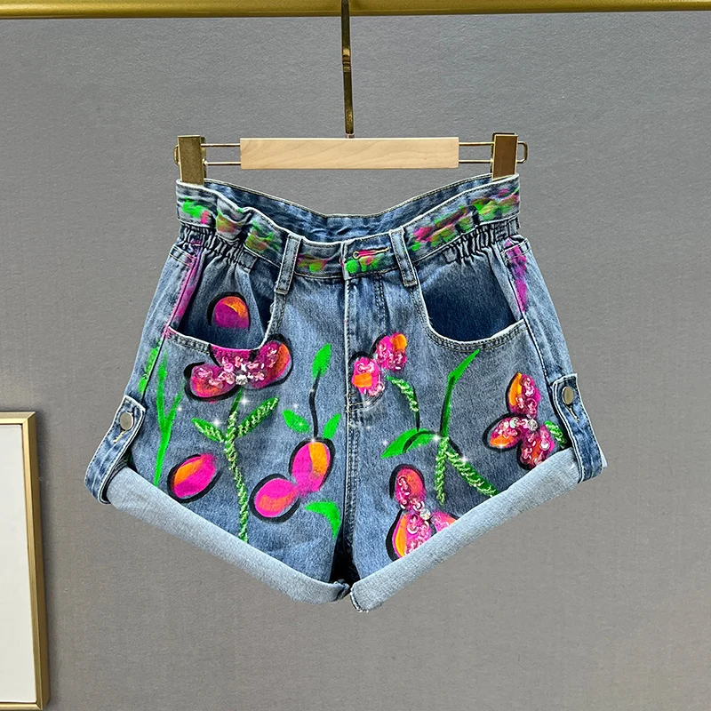 Printed Jeans Shorts for Women 2023 New Summer High Waist Loose Slimming European A-line Wide Leg Pants Hot Pants Denim Shorts
