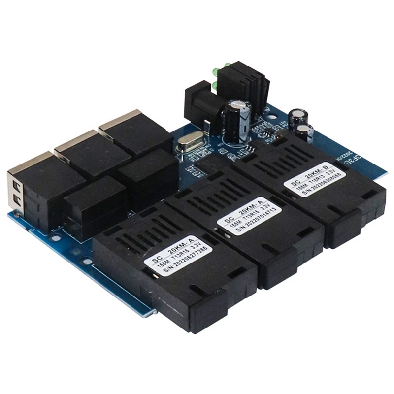

Ethernet Fiber Switch 100M PCBA Board Optic Media Converter 20Km 3 Fiber 3 RJ45 Support RPOE Simplex SC Fiber Switch