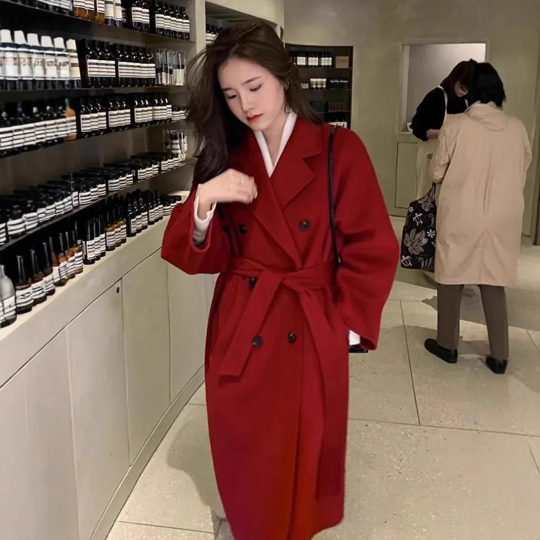 2024 новое корейское пальто из смесовой шерсти винно-красного цвета для маленького