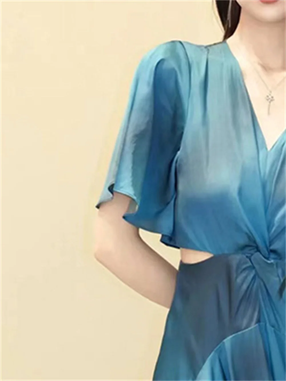 Irregular Midi Dress for Women Waist Hollow out Satin V-neck Short Sleeve High Waist Female Robes 2023 Early Autumn