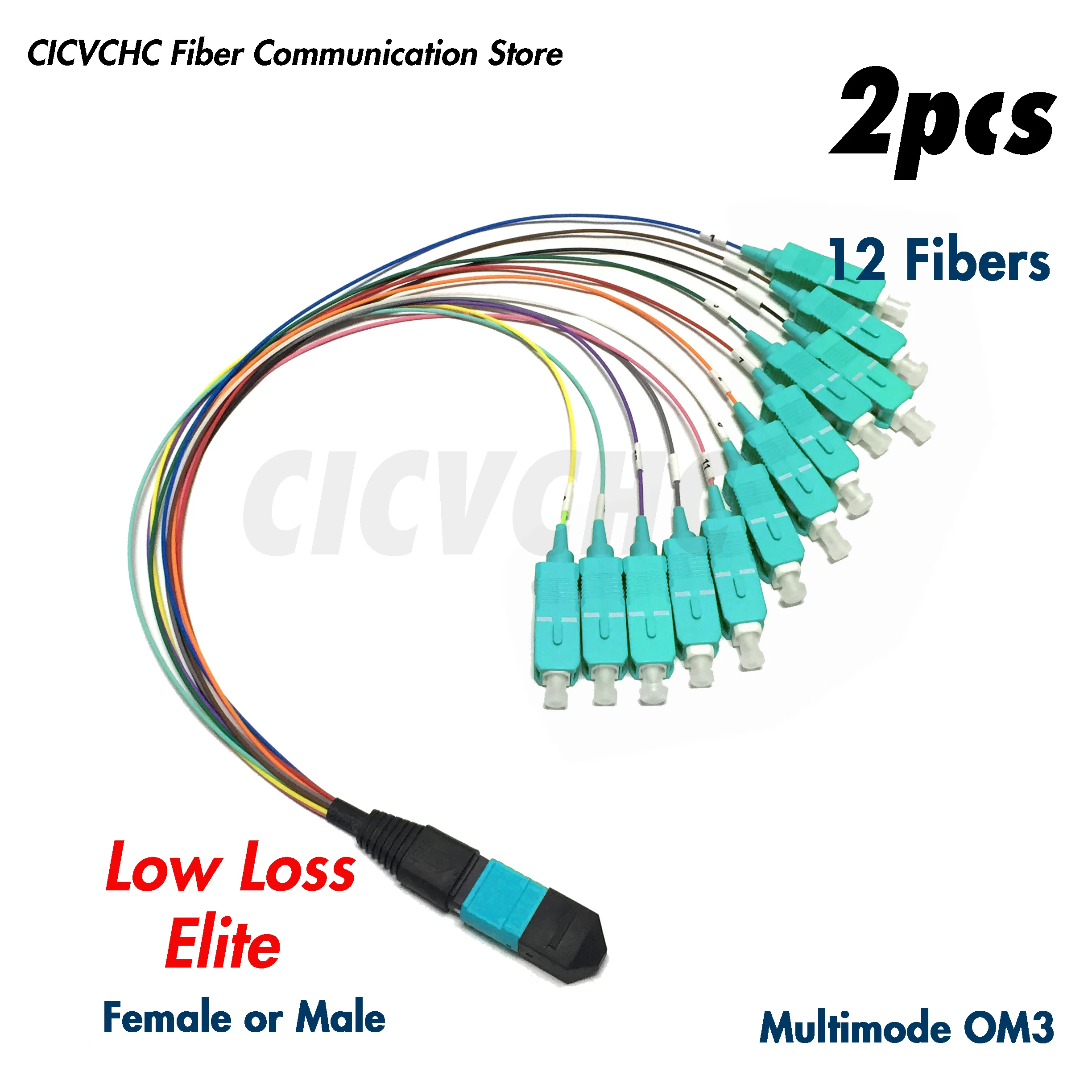 2pcs 12Fibers MPO/UPC - SC/UPC-Harness cable-MM OM3-300-0.35m 0.9mm colored tube-Elite/Low Loss-Male/Female