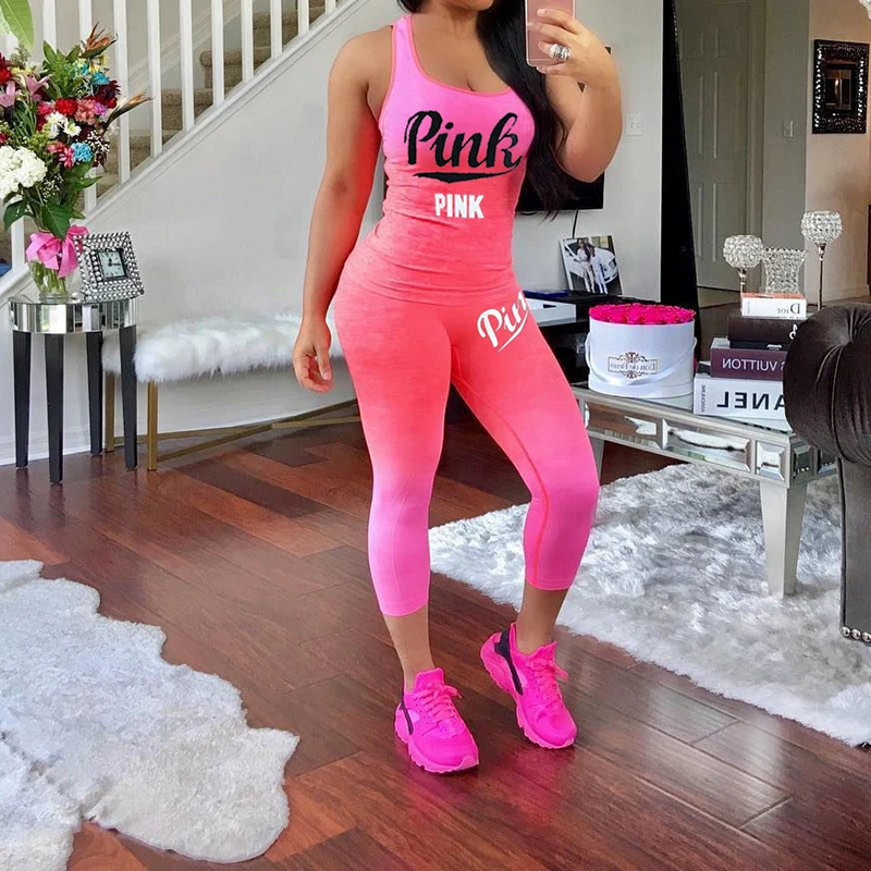 

Summer Women Tracksuit Sport Casual Two Piece Set Pink Letter Print Sleeveless Crop Tops Tshirt Biker Shorts Suit Female Outfits
