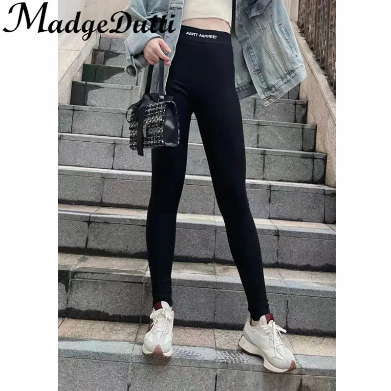 

11.16 MadgeDutti Letter Elastic Waist Spliced Casual Slim Fleece Keep Warm Pencil Pants Women