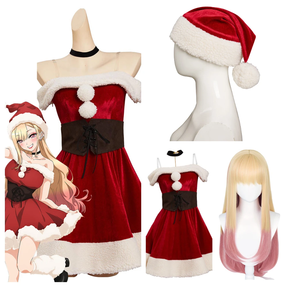 

Kitagawa Marin Cosplay Costume Anime My Dress-Up Darling Christmas Red Dress Hat Outfits Halloween Carnival Party Suit for Women