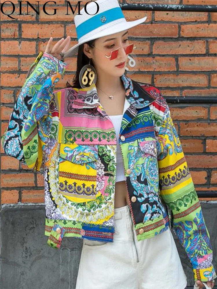 

QING MO Women Long Sleeves Denim Coat Loose Leisure Wild Letter Printing Single-breasted Short Denim Coat 2023 Autumn LHX1104A
