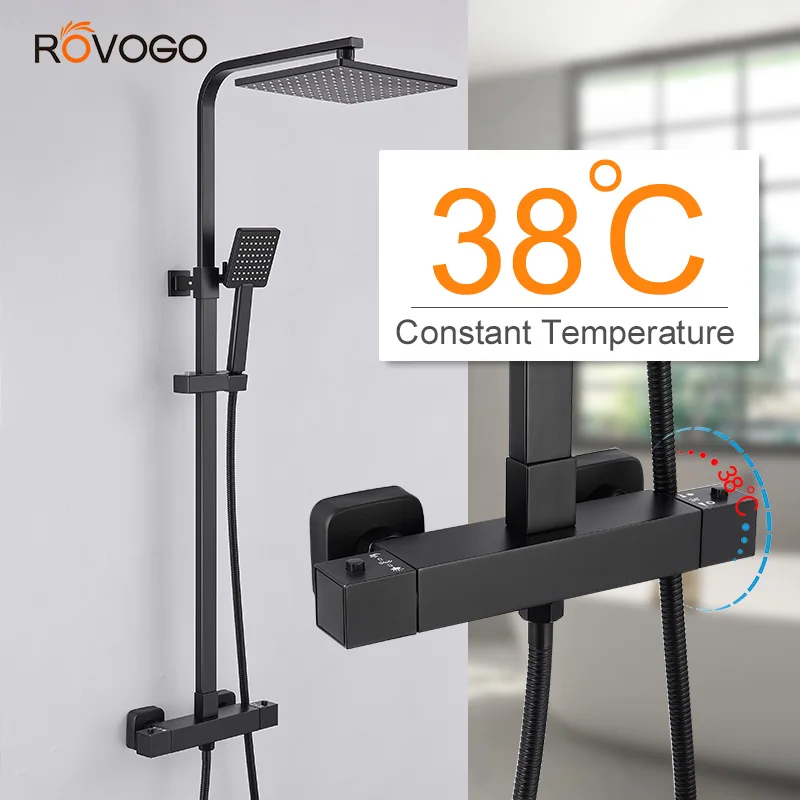 

ROVOGO Термостатический смеситель для душа в ванной комнате с ручной душевой лейкой, латунный хромированный, Набор смесителей для душа, дождевой Душ, кран для ванны