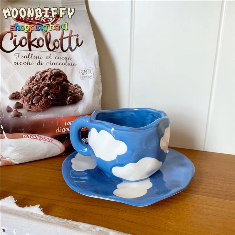 

Japanese Hand Painted The Blue Sky and White Clouds Coffee Cup With Saucer Ceramic Handmade Tea Cup Saucer Set Cute Gift