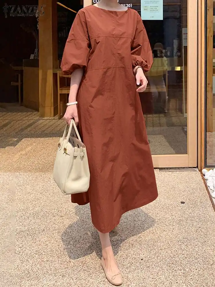 

Elegant Women 3/4 Sleeve Casual OL Work Midi Dress ZANZEA Fashion Summer Sundress Solid Loose Vestidos Oversize Robe Femme