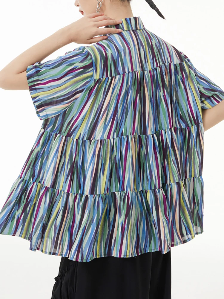 [EAM] Женская тонкая блузка в красочную полоску большого размера новая свободная