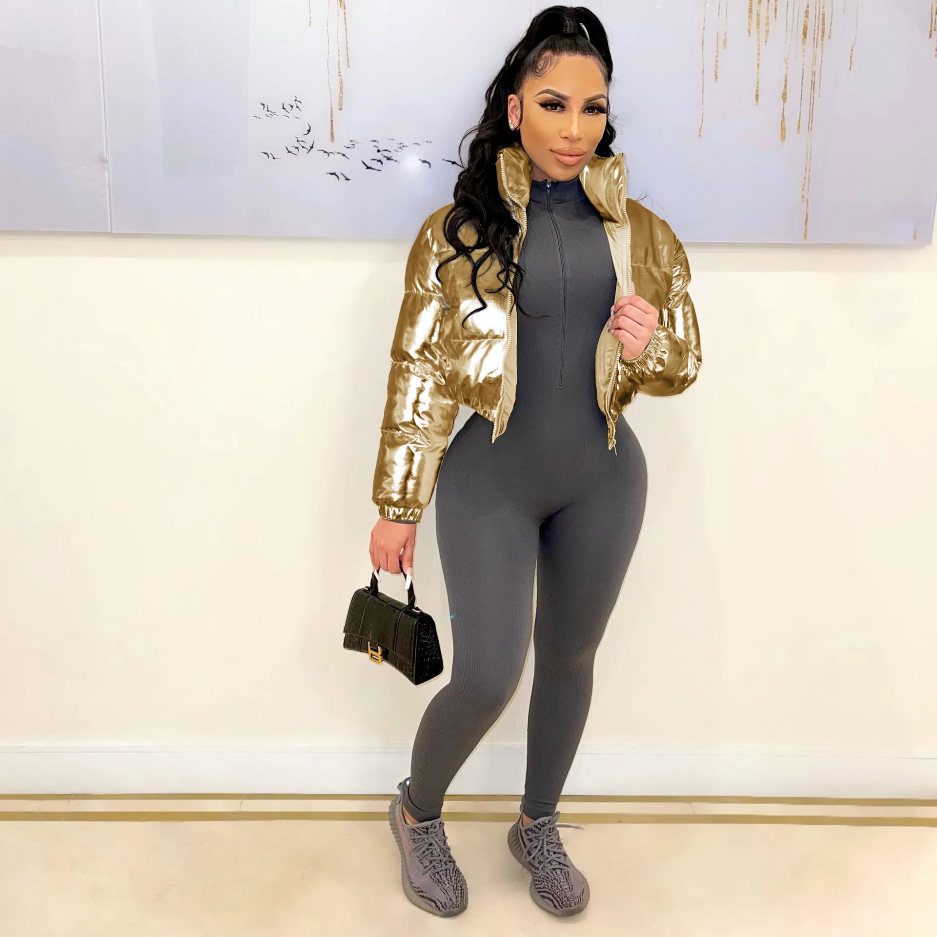 Women Solid Coating Cropped Puffer Coats Stand Collar Long Sleeve Casual Zipper Jacket 2022 Fashion Thick Warm Winter Coat