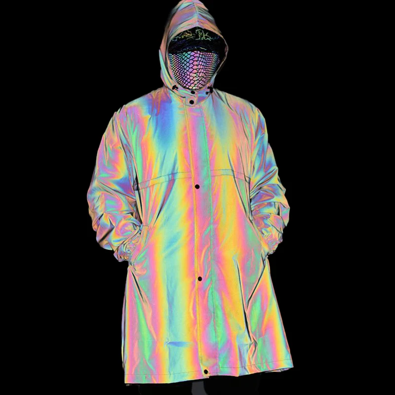 Parklees 2022 Men Reflective Waterproof Hooded Coat Fashion Night Cycling Fluorescent Youth Windbreaker Hip Hop Long Jacket Coat