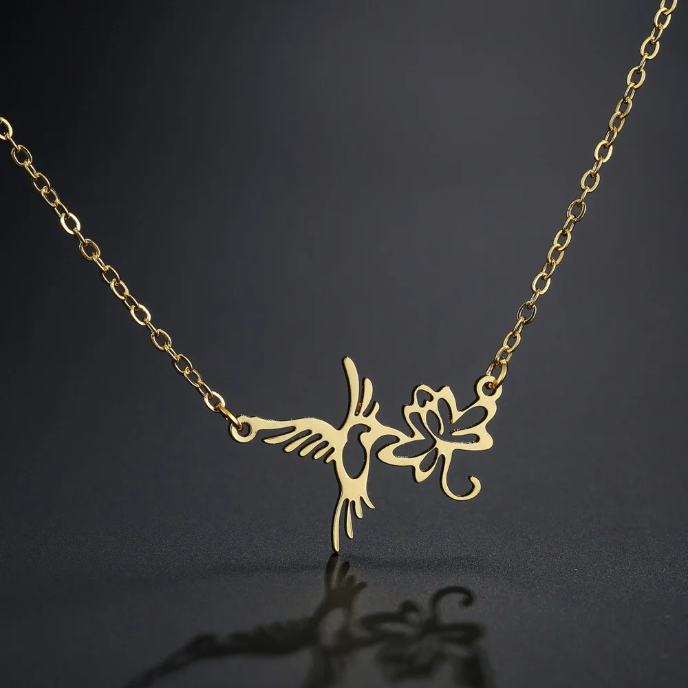 

HUHUI Stainless Steel Hummingbird Necklace For Women Animal Bird Flower Pendant Exquisite Jewelry Collier Party Gifts