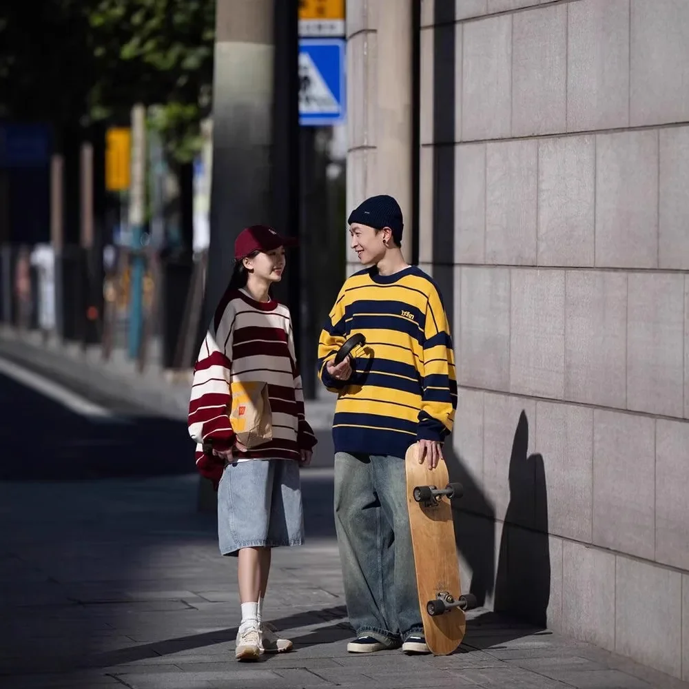 Japanese Style Warm Anti-Cold Sweater For Men And Women Couple Same Model Knitted Top Round Neck Casual Striped Lazy Woolen Jack