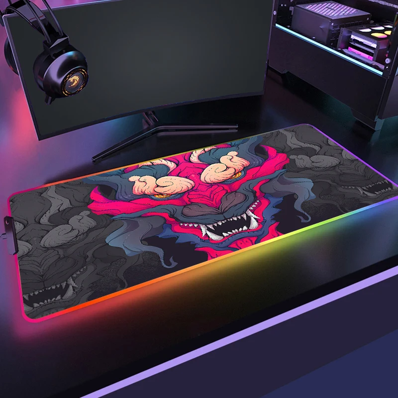 

RGB Mousepad Gaming Oni Art Large Computer Mouse Pad With Backlit LED Gamer Mouse Mat Extend Office Game Keyboard Pad Carpet XXL