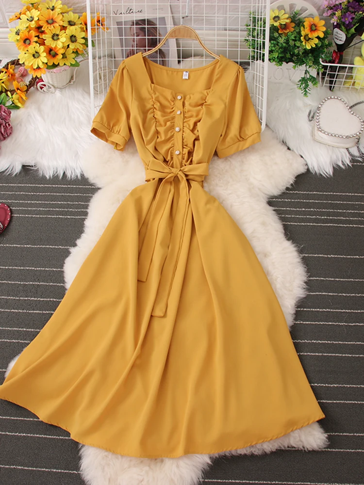 

Женское платье с квадратным вырезом, длинное плиссированное платье в стиле ретро с поясом и широким подолом, модель D2891 на лето