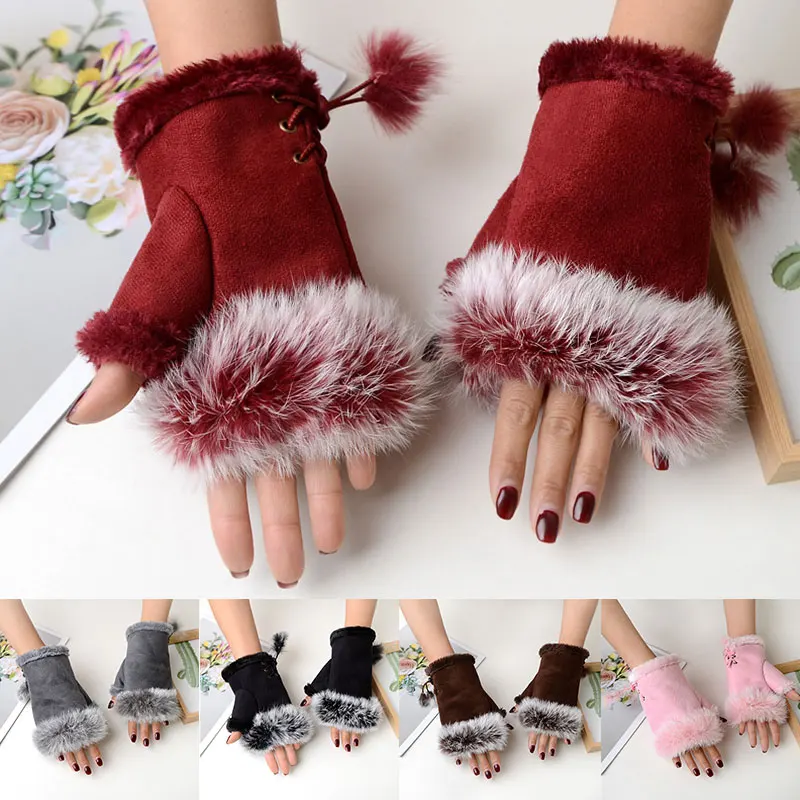 

New Women Winter Warm Gloves Sexy Faux Rabbit Fur Hand Wrist Warmer Fingerless Gloves Suede Women Mittens Warm Wrist Gloves