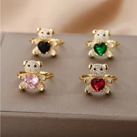 cute teddy bear heart rings for women stainless steel zircon open adjustable bears finger ring jewelry best friend gift