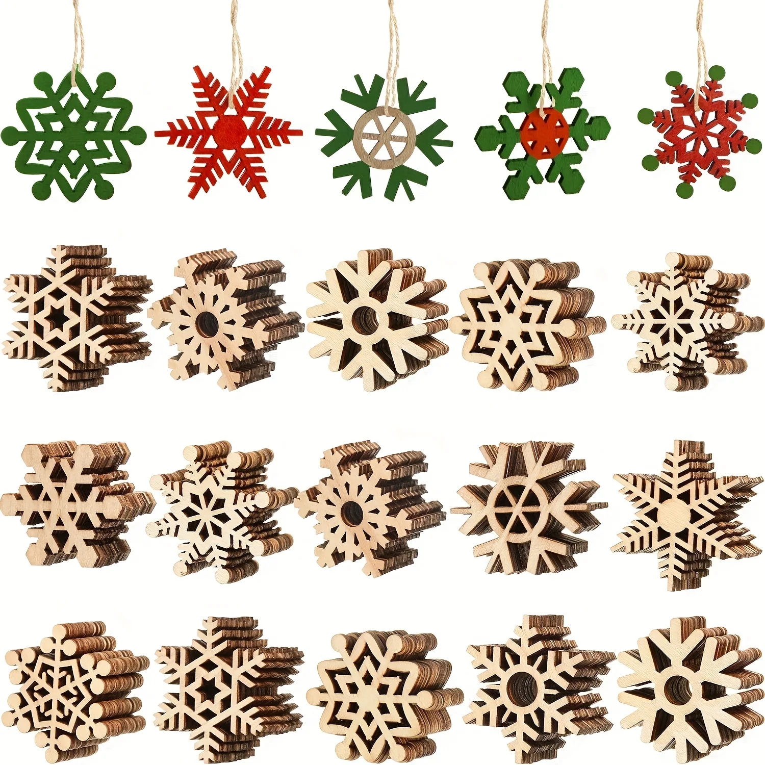 

50pcs Christmas Unfinished Wooden Snowflake Ornaments Snowflake Hanging Cutouts Blank Wood Slices For Xmas Tree Decorations