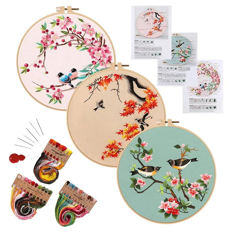 

3 Pack Embroidery Starter Kit For Beginners, Cross Stitch Kits For Adults Include 3 Embroidery Cloth With Birds Pattern