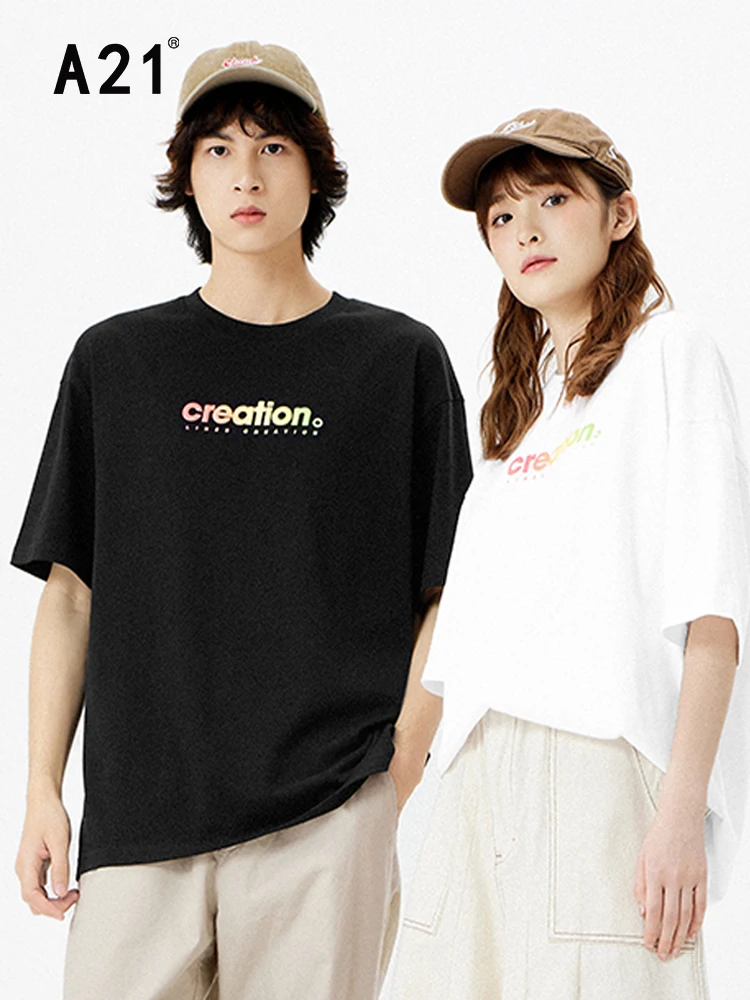 

A21 Couple Casual T-shirts 2022 Summer Women Baggy Letter Printed 100% Cotton Tees Female Fashion Loose O-neck Short Sleeve Tops