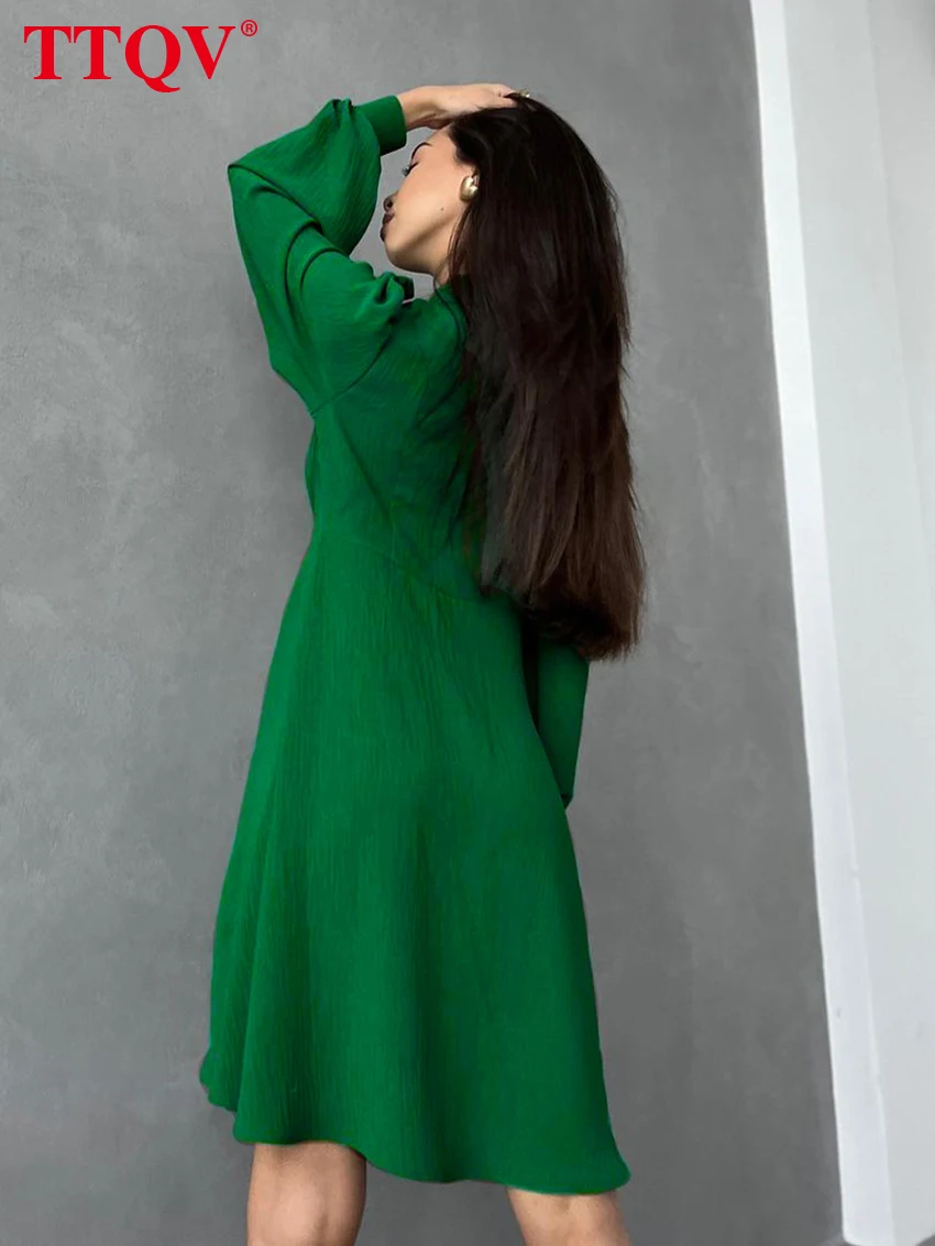 Модное зеленое мини-платье с отложным воротником TTQV повседневное однобортное
