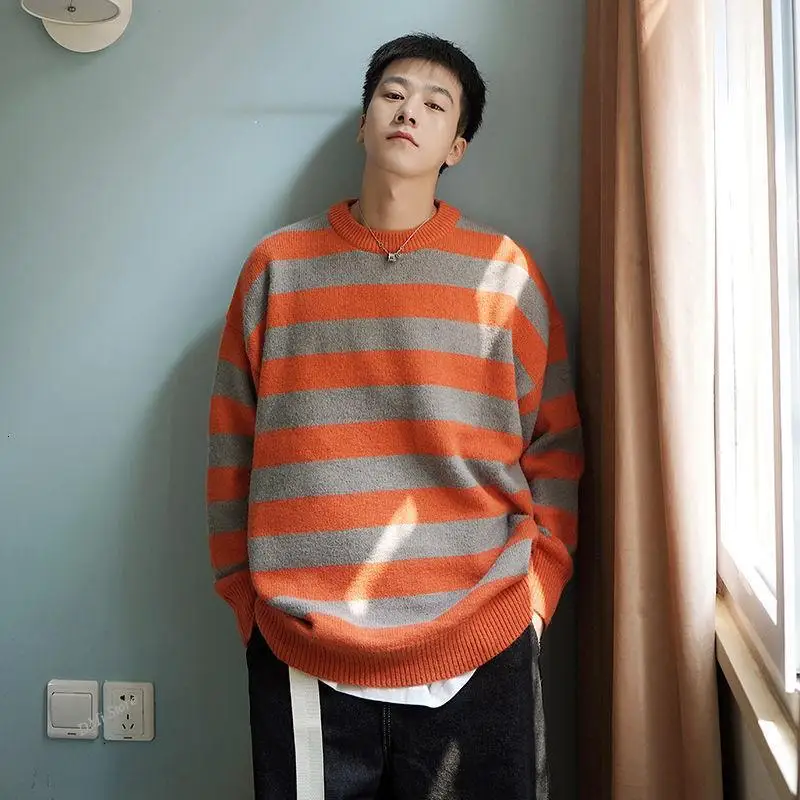 DIMI Winter New Woman Casual Pullovers Korean Streetwear Male Fashion Warm Clothing Men's Loose Stripe Sweaters