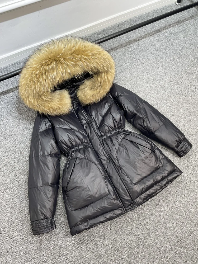 Waterproof Winter Women's Puffer Jacket 2023 Shiny Female Parkas 90% Duck Down Coat Hooded with Large Real Raccoon Fur