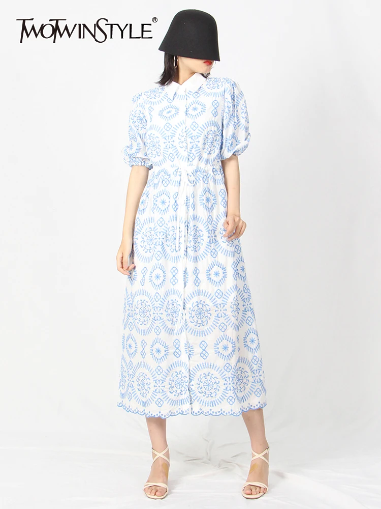 

TWOTWINSTYLE Print Colorblock Midi Dress For Women Lapel Collar Puff Sleeve High Waist Elegant Dresses Female Fashion Clothing