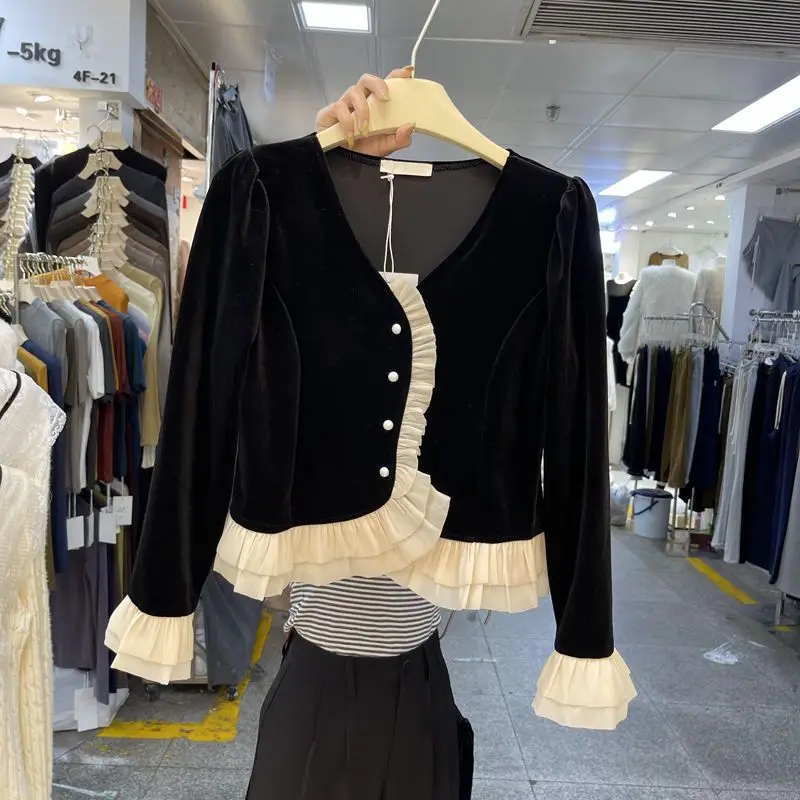 

Spring Velvet Patchwork Lace Trimmed Shirt Clothes Aesthetic Single Breasted Long Sleeve Tops Women V Neck Solid Tee Streetwear