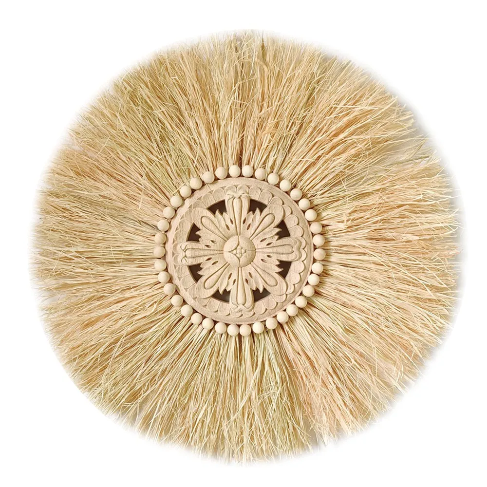 

Boho Handmade Woven Straw Wall Decor Moroccan Wood Beads Wall Hanging Ornament Round for Living Room D