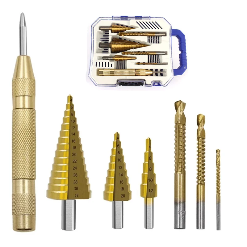 

7Pcs Step Drill Bit Saw Drill Set Center Punch Titanium Milling Cutter 4-12 4-20 4-32mm 3 6 8mm Woodwork Metal Core Hole Opener