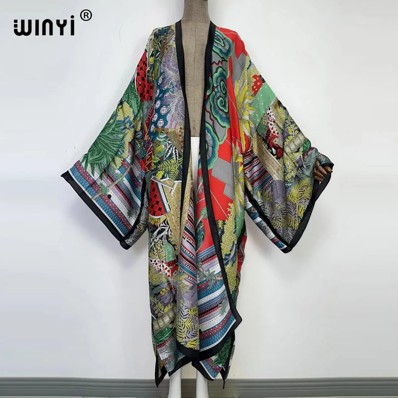 

WINYI Summer Women Cardigan stitch robe Cocktail sexcy Boho Maxi African Holiday Batwing Sleeve Silk feeling Robe kimono kaftan