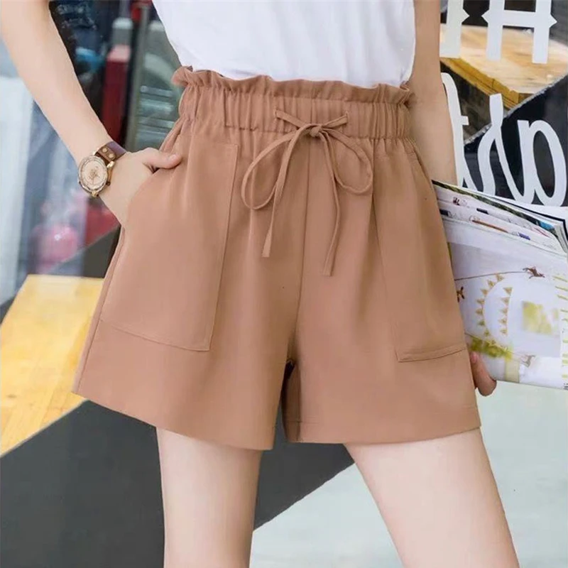 High Waist Shorts Women's Loose Summer New Korean Version Flower Bud Pants Large Size Wide Leg Drawstring Overalls Shorts Casual