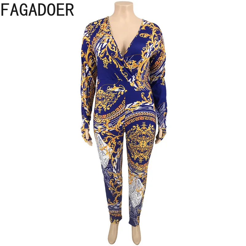 FAGADOER Sexy Retro Print Jumpsuits Plus Size Female Deep V Long Sleeve Bodycon Playsuit XL-5XL Casual Vintage One Piece Clothes